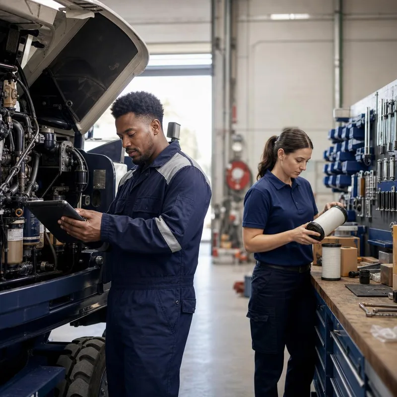 Illustrative technician diagnosis and spare-parts coordination in a service workshop