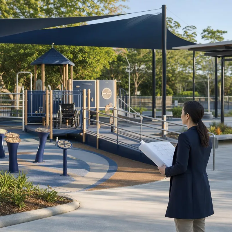 Illustrative accessible play space with level paths, varied activities and shaded seating