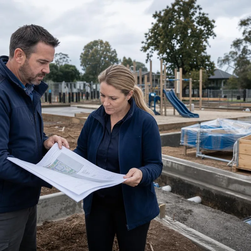 Illustrative site drawings and installation planning at a prepared playground site