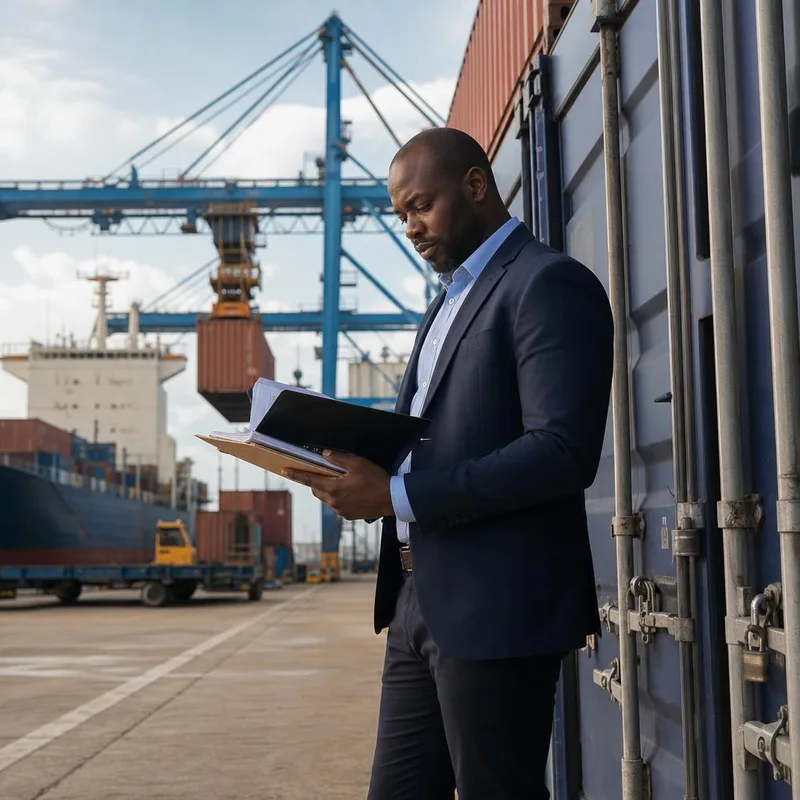 Illustrative inspection of secured cargo and shipping documents at a container port
