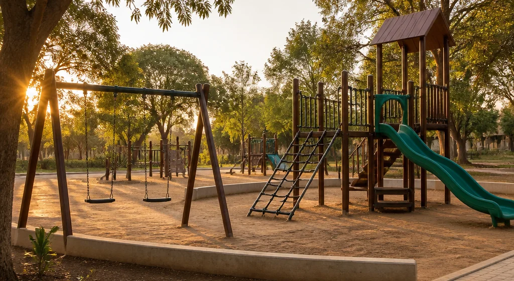 Outdoor playground equipment planned for a school or community setting
