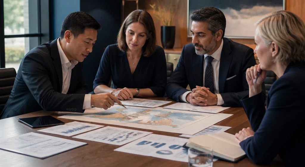 Business representatives reviewing information for a cross-border market discussion